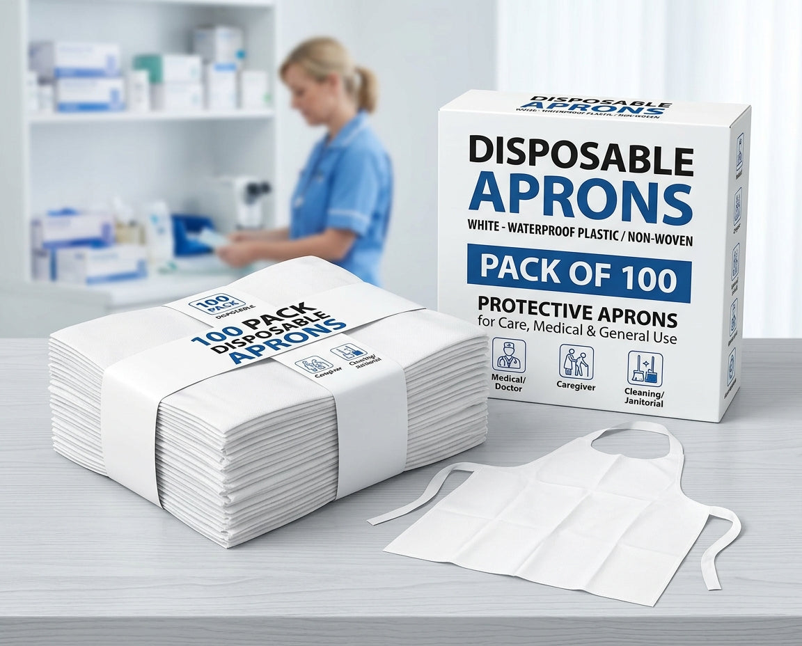 Disposable Aprons Blue - Waterproof Plastic / Non-Woven, Pack of 100 - Protective Aprons for Care Homes, Medical & Catering Use